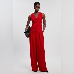 Karen Millen Red Tailored Jumpsuit: Wide-Leg Pants and Corset Tie Vest